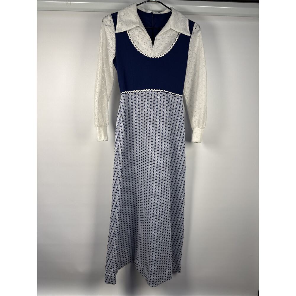 Vintage 1970s Gunne Style Prairie Maxi Dress Polka Dot Lace Sleeves Dagger XS